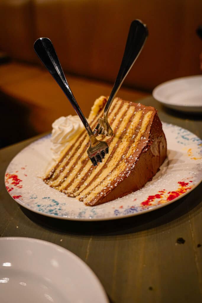 A big slice of chocolate cake dusted with powdered sugar