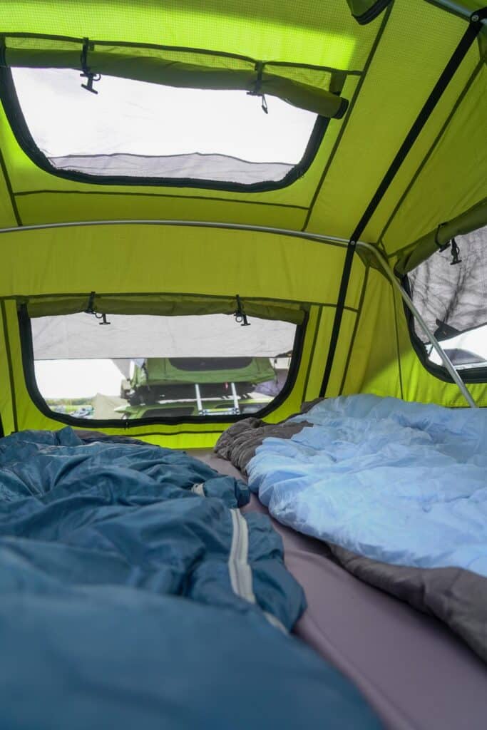 Camping inside a rooftop tent