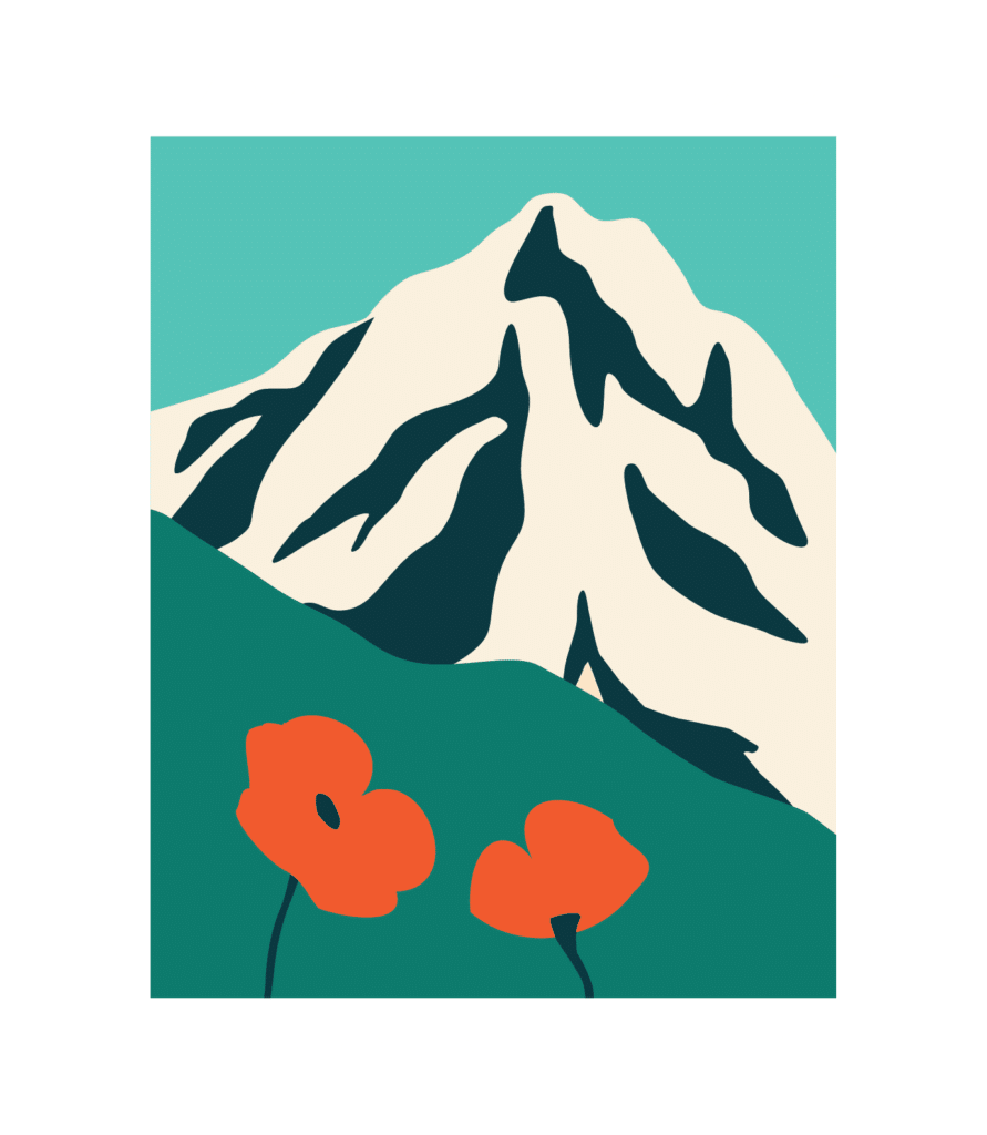 Stamp Illustration of flowers in front of a mountain