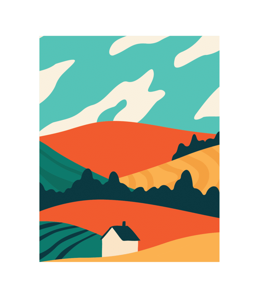 Stamp Illustration of a house by rolling hills