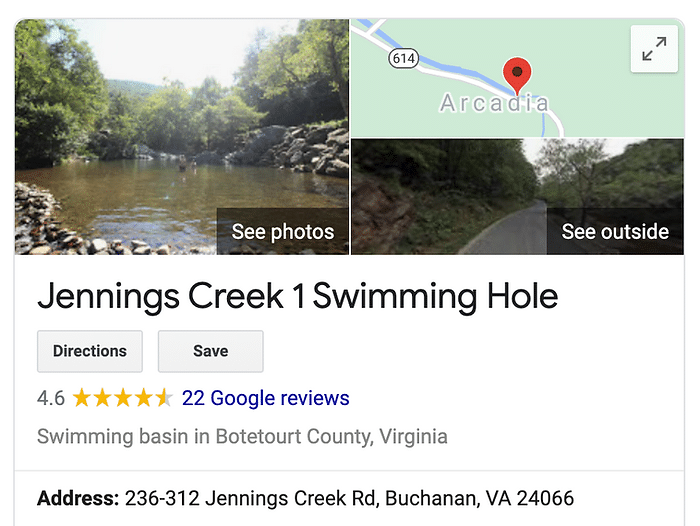 A screenshot of the Google Maps view for Jennings Creek, including the address, reviews, image and map thumbnail.